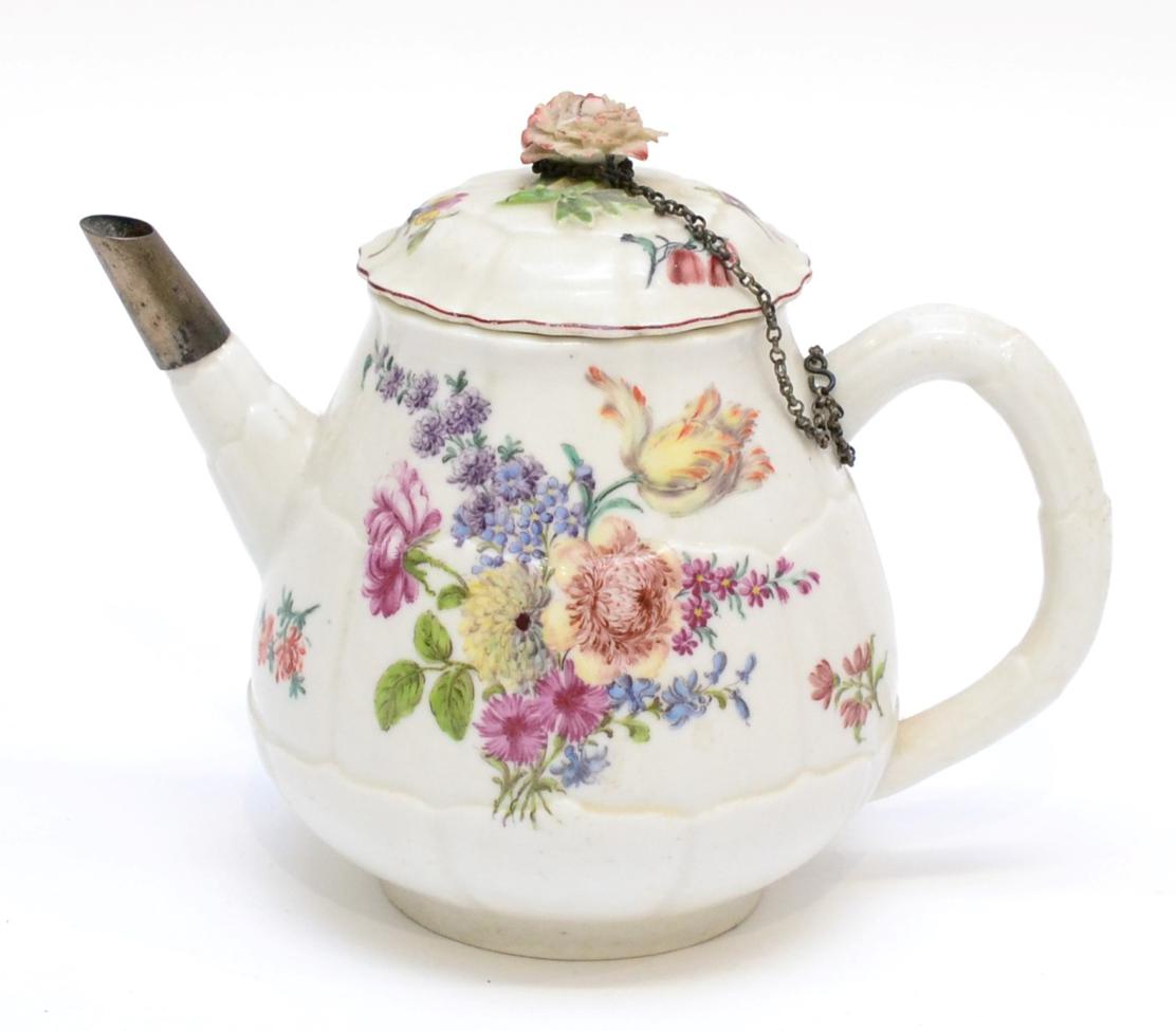 Lot 126 - A Chelsea Porcelain Teapot and Cover, circa 1755, of lappet moulded baluster form, painted with...