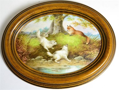 Lot 140 - An English Porcelain Oval Plaque, 19th century, painted with dogs cornering a fox beside a...