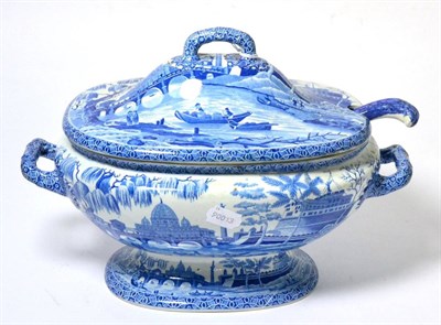 Lot 156 - A Spode Pearlware Soup Tureen and Cover, circa 1820, printed in underglaze blue with a view of Rome