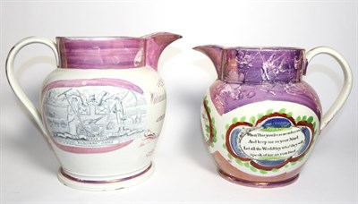 Lot 167 - A Sunderland Lustre Jug, dated 1835, inscribed Robert & Ann Morro 1835, printed with a boat and...