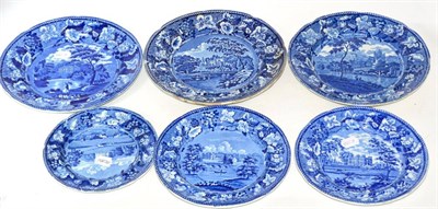 Lot 176 - Six Various Enoch Wood Pearlware Plates, circa 1820, printed in underglaze blue with Gunton...
