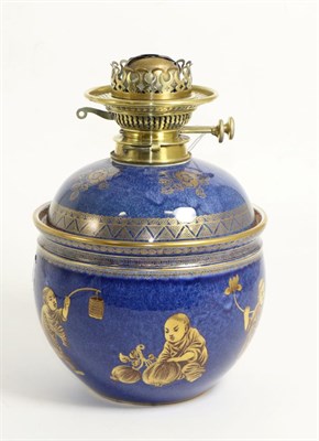 Lot 187 - A Booths Silicon China Oil Lamp Base, early 20th century, printed in gilt with chinoiserie...