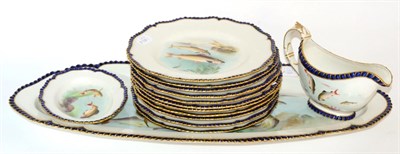 Lot 216 - A Royal Worcester Porcelain Fish Service, 1899, printed and overpainted with river fish, comprising