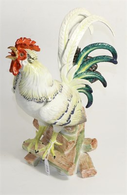 Lot 254 - A Meissen Porcelain Figure of a Crowing Cockerel, 20th century, naturalistically modelled and...