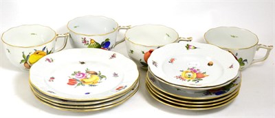 Lot 259 - A Set of Four Herend Porcelain Breakfast Cups and Saucers, 20th century, painted with fruit and...