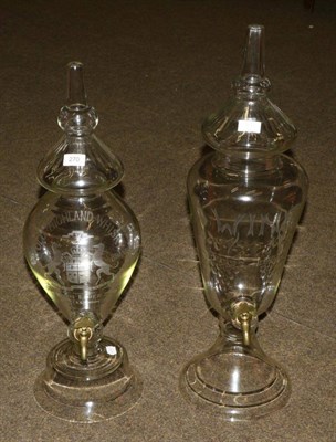 Lot 270 - Two Etched Glass Spirit Dispensers and Covers, 20th century, Old Highland Whisky and Wine, with...