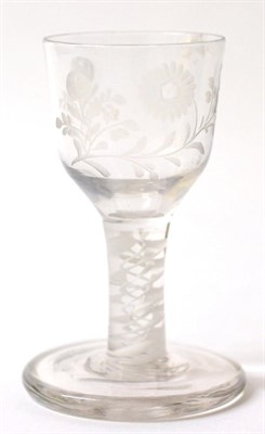 Lot 271 - A Firing Glass, circa 1760, the ogee bowl engraved with flower sprigs on an opaque twist stem, 10cm