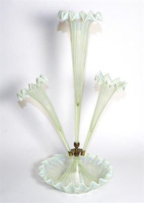 Lot 290 - A Striped Vaseline Glass Epergne, with frilled rims, the central trumpet vase flanked by two...