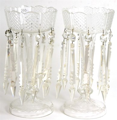 Lot 293 - A Pair of Clear Glass Lustres, late 19th century, the diamond cut crenelated bowls hung with...