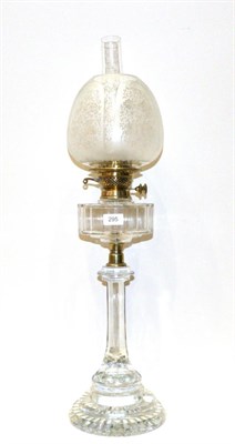 Lot 295 - A Glass Oil Lamp, late 19th century, with etched shade, panelled reservoir, stem and stepped...