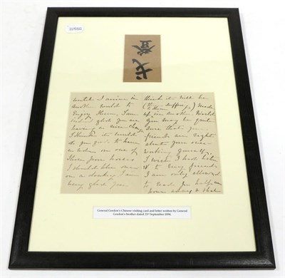 Lot 340 - General Gordon's Chinese Visiting Card and A Letter Written by His Brother, mounted, framed and...