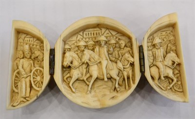 Lot 377 - A Dieppe Ivory Triptych, late 19th century, of ovoid form, the interior carved with Napoleonic...