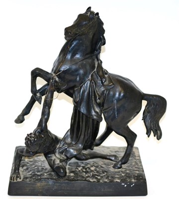 Lot 379 - A Bronzed Figure Group, of a boy holding a rearing horse, indistinctly signed and with marks to the