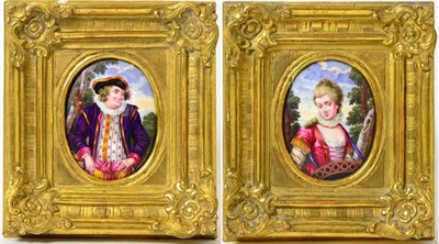 Lot 380 - A Pair of Painted Enamel Oval Plaques, 19th century, depicting a 17th century lady and...