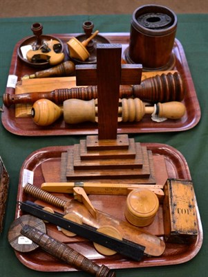 Lot 385 - A 19th Century Engine Turned Treen Inkwell, 8.5cm diameter; A Chip Carved Treen Spinning...