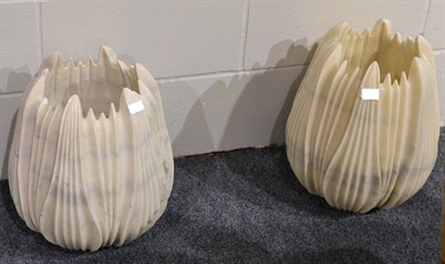 Lot 390 - A Pair of White Marble Planters, modern, in the form of tulip heads, 42cm high