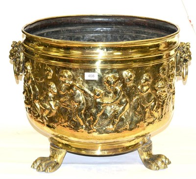 Lot 408 - A 19th Century Brass and Embossed Circular Log Bin, decorated with classical figures, with lion...