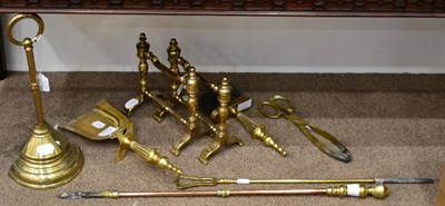 Lot 410 - A Brass Door Stop, with loop handle and knopped stem, 37cm high; A Pair of Andiron; A Set of Copper