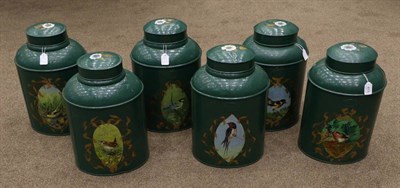 Lot 411 - A Set of Six Toleware Shop Display Tea Canisters and Covers, late 19th century and later, of...