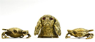 Lot 420 - A Victorian Brass Inkwell, modelled as the head of a dog with glass eyes, 10.5cm high; and A...