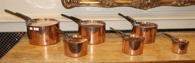 Lot 427 - A Graduated Set of Six Victorian Copper Saucepans and Covers, with iron handles, the largest...