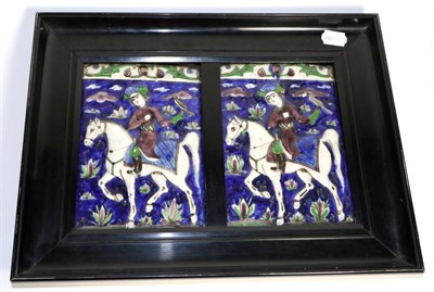 Lot 428 - A Pair of Qajar Faience Tiles, circa 1900, each moulded and painted with a nobleman riding a horse