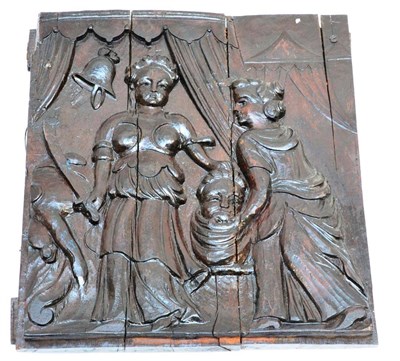 Lot 434 - A Carved Oak Panel, bears date 1561, depicting Salome accepting the head of John the Baptist,...