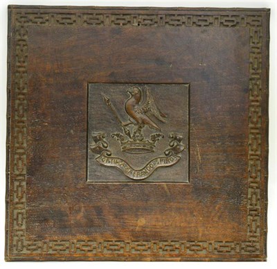 Lot 438 - An Anglo-Chinese Hardwood Rectangular Panel, late 19th century, carved with the crest and motto...