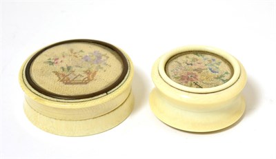 Lot 455 - Two 19th Century Ivory Patch Boxes, each of circular form, the lid inset with a petit point...