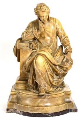 Lot 459 - A Carved Alabaster Figure of Dante Alighieri, seated beside a pillar, marble plinth base, 44cm high