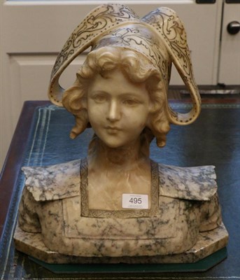 Lot 495 - An Italian Alabaster Bust of a Girl, circa 1900, dressed in Renaissance costume with a...