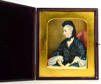 Lot 500 - Victorian School: A Miniature Portrait of a Lady, half length seated, wearing a black scarf and...