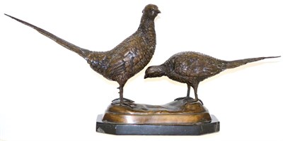 Lot 510 - A 20th Century Bronze Group, modelled as two pheasants standing on a moulded base and black and...