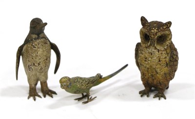 Lot 521 - An Austrian Cold Painted Bronze Model of an Owl, 20th century, naturalistically modelled and...