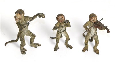 Lot 523 - An Austrian Cold Painted Bronze Three Piece Monkey Band, conductor 7.5cm high