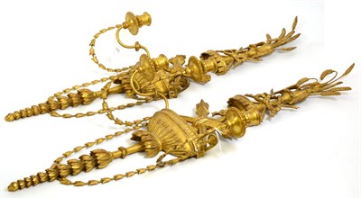 Lot 528 - A Pair of Giltwood and Gesso Twin-Light Wall Sconces, carved with wheat sheaves, husk swags...