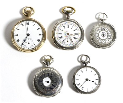 Lot 568 - Four White Metal Pocket Watches, Gold Plated Pocket Watch and a Lady's Fob Watch, case stamped...