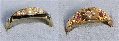 Lot 594 - An 18 Carat Gold Pearl, Diamond and Enamel Mourning Ring, three seed pearls spaced by old cut...