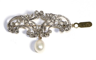 Lot 607 - A Diamond and Cultured Pearl Brooch, a whiplash scroll frame set throughout with rose cut...