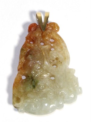 Lot 617 - A Jade Pendant, carved with fruiting vines, of brown green tone, to a 9 carat gold bail,...