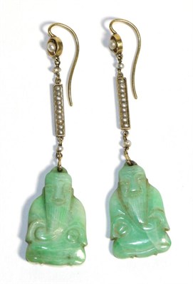 Lot 640 - Pair of Figural Jade Earrings, a seed pearl within a circular frame suspends a seed pearl set...