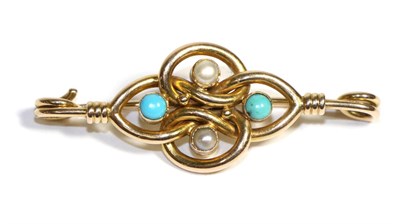 Lot 643 - A Turquoise and Pearl Brooch, a central quatrefoil knot motif set with two turquoise and two...