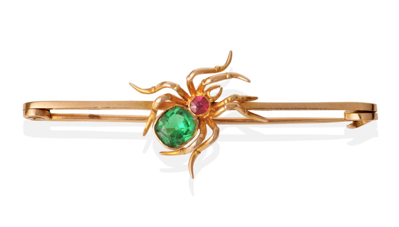 Lot 647 - A Victorian Gem Set Spider Brooch, with a green paste set abdomen and red spinel thorax, to a plain