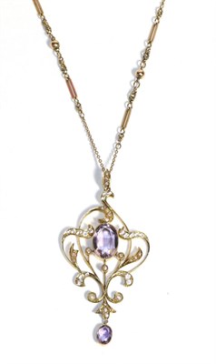 Lot 659 - An Art Nouveau Amethyst, Seed Pearl and White Stone Necklace, an oval cut amethyst in a...