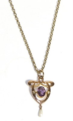 Lot 660 - An Art Nouveau Amethyst and Pearl Necklace, an oval cut amethyst in a rubbed over setting, to...