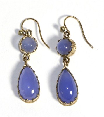 Lot 692 - A Pair of 9 Carat Gold Chalcedony Drop Earrings, a round cabochon blue chalcedony in a collet...