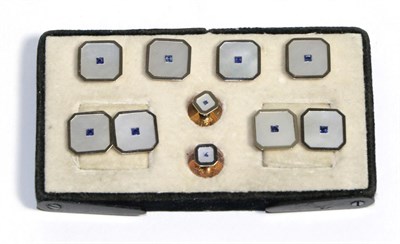 Lot 702 - A Mother-of-Pearl and Sapphire Dress Set, comprising; a pair of chain linked cufflinks, two...