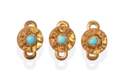 Lot 704 - A Cased Set of Three Citrine and Turquoise Dress Buttons, faceted round citrine each drilled with a