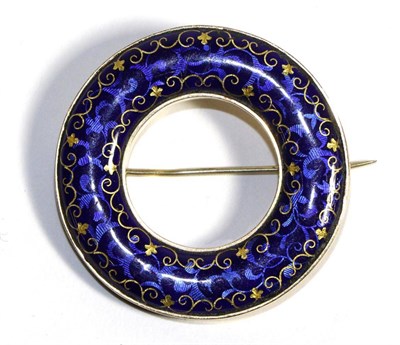 Lot 710 - An Enamel Plaid Brooch, tones of blue guilloche enamel with a foliate scroll design with gilt...