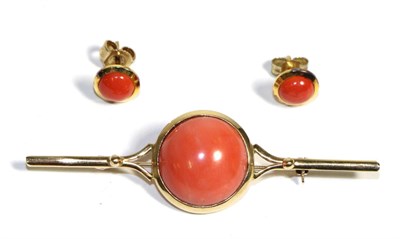 Lot 718 - A Coral Brooch and Pair of Coral Earrings, the brooch formed of a round cabochon coral in a...